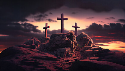 Three crosses on mountain, Easter. Generative AI - obrazy, fototapety, plakaty