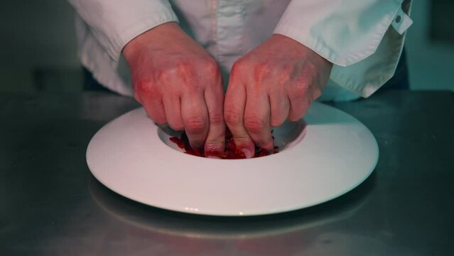 Cook prepares pericana, a typical dish from Alicante, Spain, Mediterranean