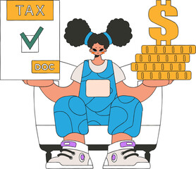 A graceful girl holds a tax form and coins in her hands. The topic of paying taxes.