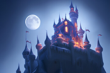 A castle behind a full moon, night, wallpaper, illustration,  digital art.