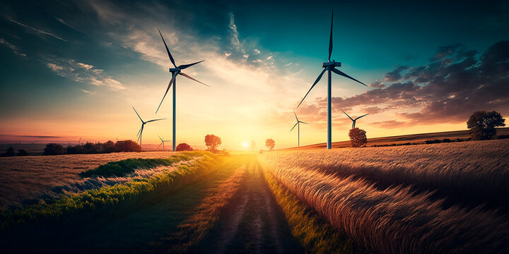 Windmills in the field for green energy from the wind, environmentally friendly technological systems of the future, sunset light against the sky, panorama. Generative AI