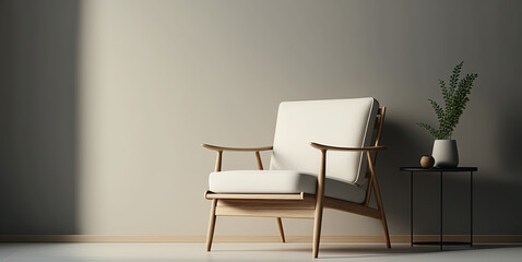 Modern wooden living room armchair on empty light wall background. Generative AI.