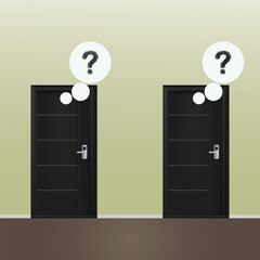 Two doors with scribble question mark must choice room illustration