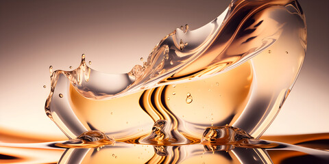 Splash of orange golden fluid, oil, liquid cosmetic product, abstract background, generative ai