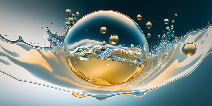 Blue yellow bubble splashing in water, abstract background, generative ai