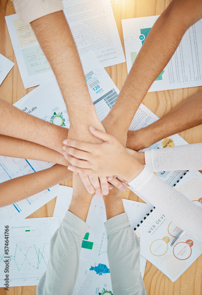 Poster hands together, teamwork and support of business team trust, community and job collaboration. motiva