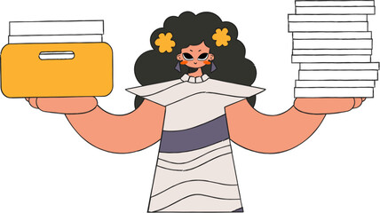 A well-dressed woman holds stacks of documents in her hands.