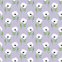 White poppy on a lilac background endless ornament. Vector seamless pattern with flowers.