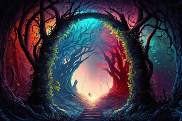 Landscape with fantasy colorful trees, path.