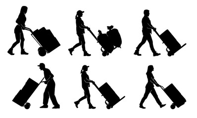 Worker Silhouettes Pushing Hand Trucks