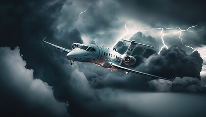 Airplane flying through storm clouds with lightning generate ai 