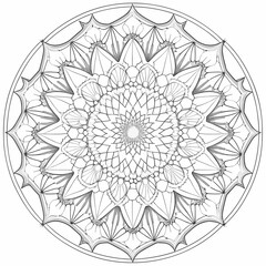 A symmetrical round seamless mandala pattern ideal for coloring books