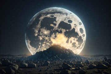 Naklejka na ściany i meble A big full moon behind a pile of rocks generative AI