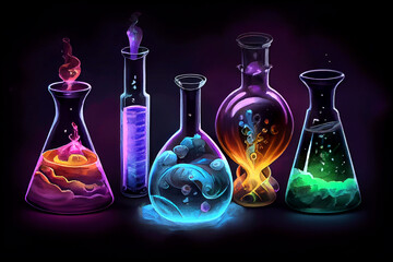 A set of colorful scientific tubes and flasks on a dark background, showcasing the beauty of science and experimentation, generative ai illustration