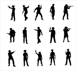 Silhouettes of Western Cowboys set. collection of Sheriff town Illustration.