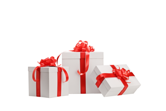 Three white present boxes with red ribbon