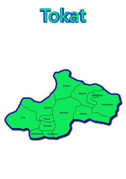 Karte des Bezirks Tokat in der Türkei mit den Namen der Gemeinden