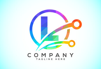 Polygonal low poly L alphabet in a circle with technology sign symbol. Technology logo design concept