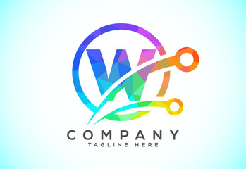 Polygonal low poly W alphabet in a circle with technology sign symbol. Technology logo design concept
