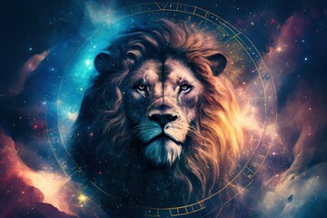 Lion zodiac sign against space background. . Esoteric horoscope and fortune telling concept.  Generative AI