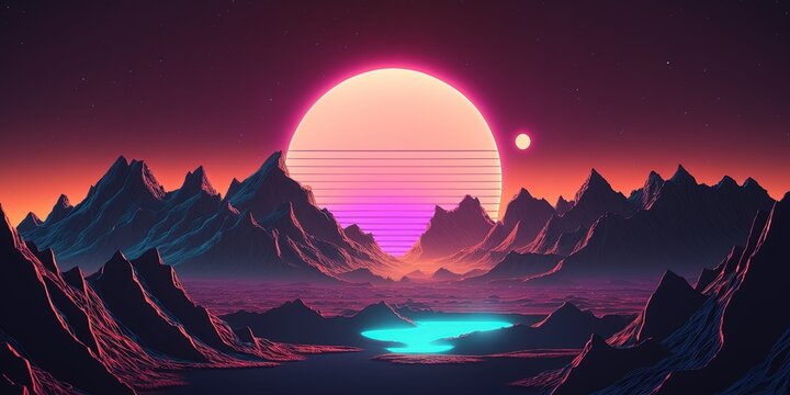 80s synthwave styled landscape with blue grid mountains and sun over arcade space planet canyon , vaporwave mountain by ai generative