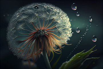 A dandelion plant with water drops in the background. Generative AI.