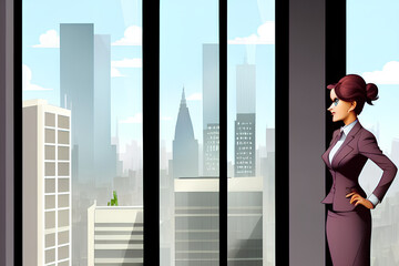 Fototapeta na wymiar Standing Female Office CEO In Business Suit Looking Into The Windows At The Big City Landscape Full With Tall Skyscrapers, created with generative AI technology