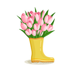 Bouquet of pink tulips flowers in rubber boot. Spring composition for women's day, mother's day, easter and other holidays. Floral design isolated vector illustration for postcard, poster and other.