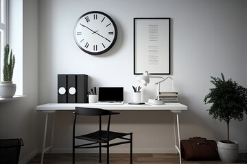 Modern office interior with table. Study room with a clock. Generative AI.