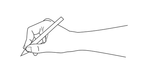 Hand holding pen in linear illustration isolated on white background. Vector illustration - obrazy, fototapety, plakaty
