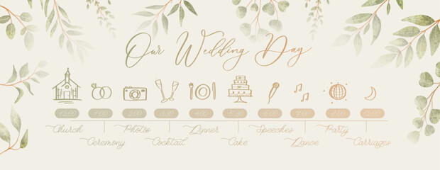 Wedding Timeline menu on wedding day. Our wedding day calligraphy inscription.