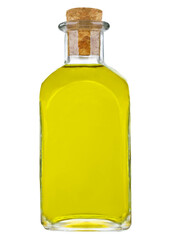 Olive oil in a glass bottle isolated. PNG transparency