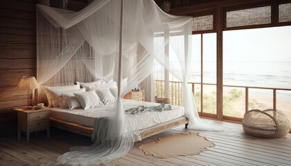 Beach bungalow bedroom interior. Holidays in a tropical island, luxury hotel resort, sea view. Generative AI