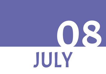 8 july calendar date with copy space. Very Peri background and white numbers. Trending color for 2022.