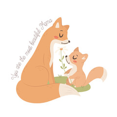 Mama Fox with baby. Happy Mothers day greeting card concept.