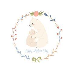 White bear Mama with baby. Happy Mothers day greeting card concept.
