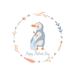 Mama Penguin with baby. Happy Mothers day greeting card concept.