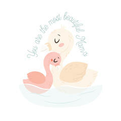 Mama Swan with baby. Happy Mothers day greeting card concept.