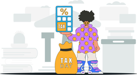 A fashionable man holds a calculator in his hand Graphic illustration on the topic of tax payments.