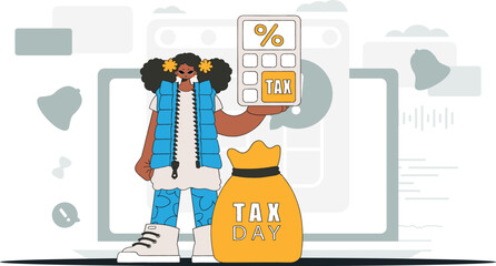 An elegant woman holds a calculator in her hand Illustration demonstrating the correct payment of taxes.