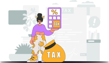 Elegant woman with a percentage. Graphic illustration on the theme of tax payments.