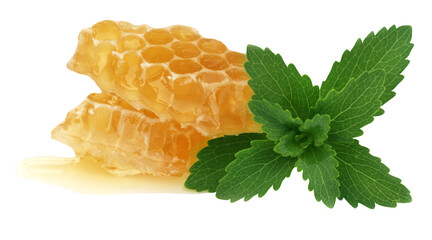 Honey comb with stevia - obrazy, fototapety, plakaty
