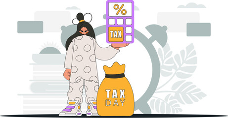 A fashionable woman holding a calculator in her hand An illustration demonstrating the importance of paying taxes for the development of the economy.