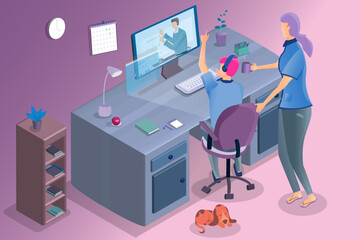Web and mobile graphic vector illustration of young kid studying at home and sitting on chair at table using online education media with digital learning objects while mother is giving cup of tea