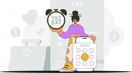 Fashionable woman with calendar and alarm clock. An illustration demonstrating the importance of paying taxes for economic development.