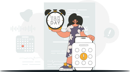 Fashionable woman with calendar and alarm clock. An illustration demonstrating the correct payment of taxes.