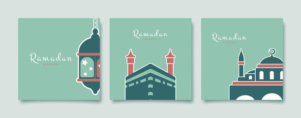 Ramadan Kareem. Set of Islamic greeting card with Kaaba, mosque, lantern. Vector holiday illustration in green colors for greeting card, poster and banner.