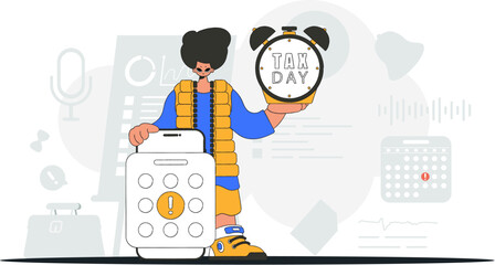 Fashion man with calendar and alarm clock. An illustration demonstrating the importance of paying taxes for economic development.
