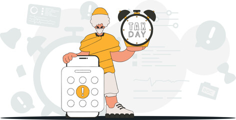 Fashion man with calendar and alarm clock. An illustration demonstrating the correct payment of taxes.