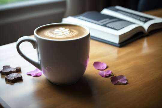 White cup with latte coffee and petals on wooden table, created using generative ai technology